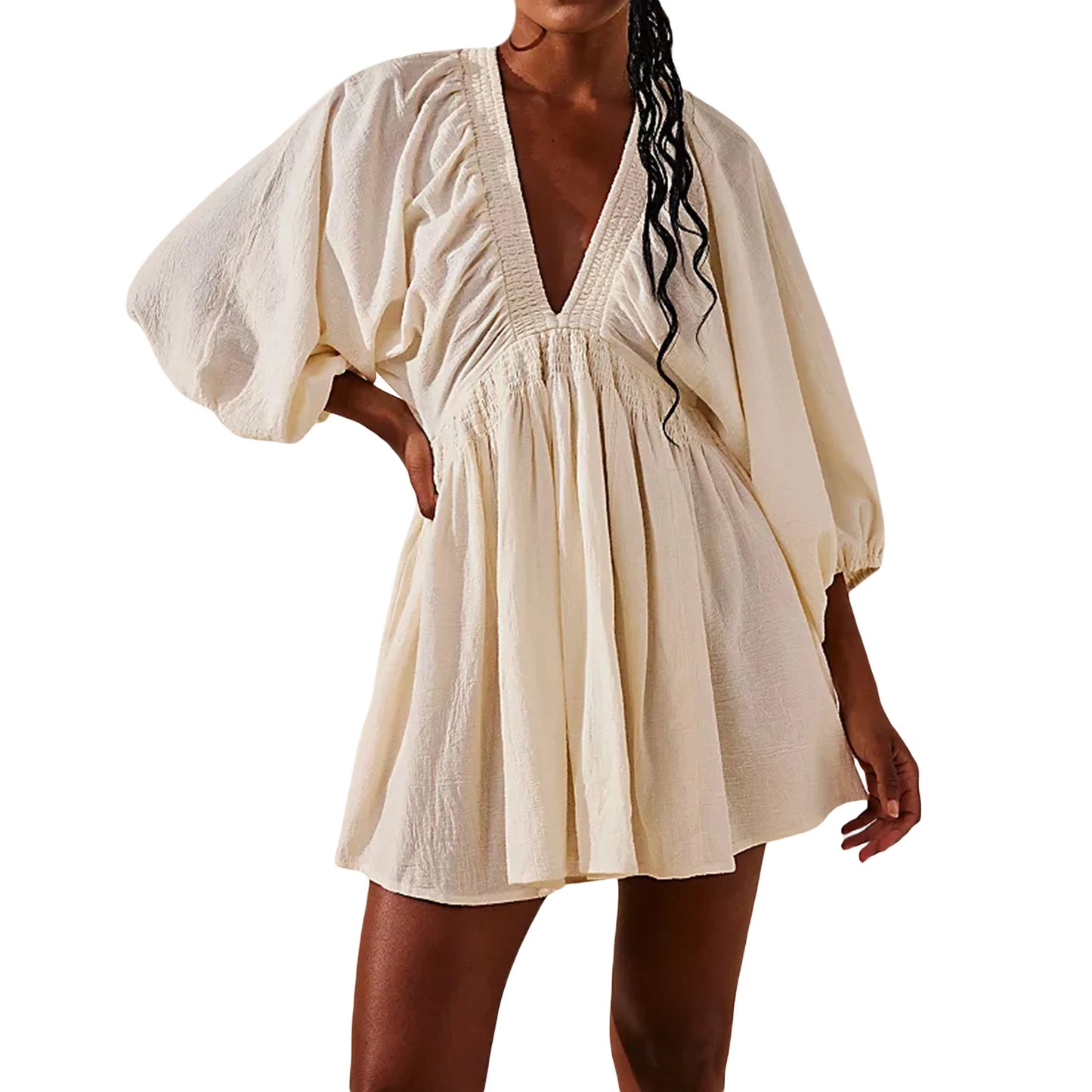 Women's Deep V-Neck Short Dress – Billowy Banded Sleeves, Smocked Waist, Back Keyhole Button & Pockets