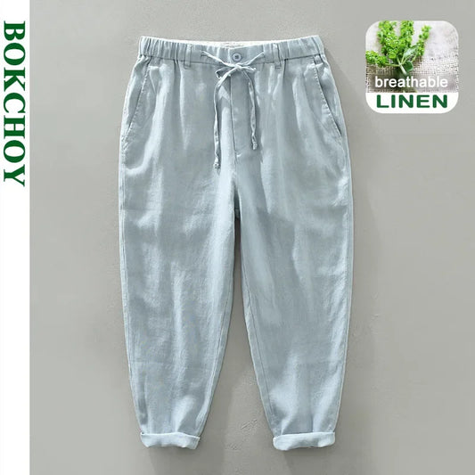 Spring Summer New Men Pure Linen Pants Breathable Cool Hemp Deawstring Fit Casual Trouser GC-1632