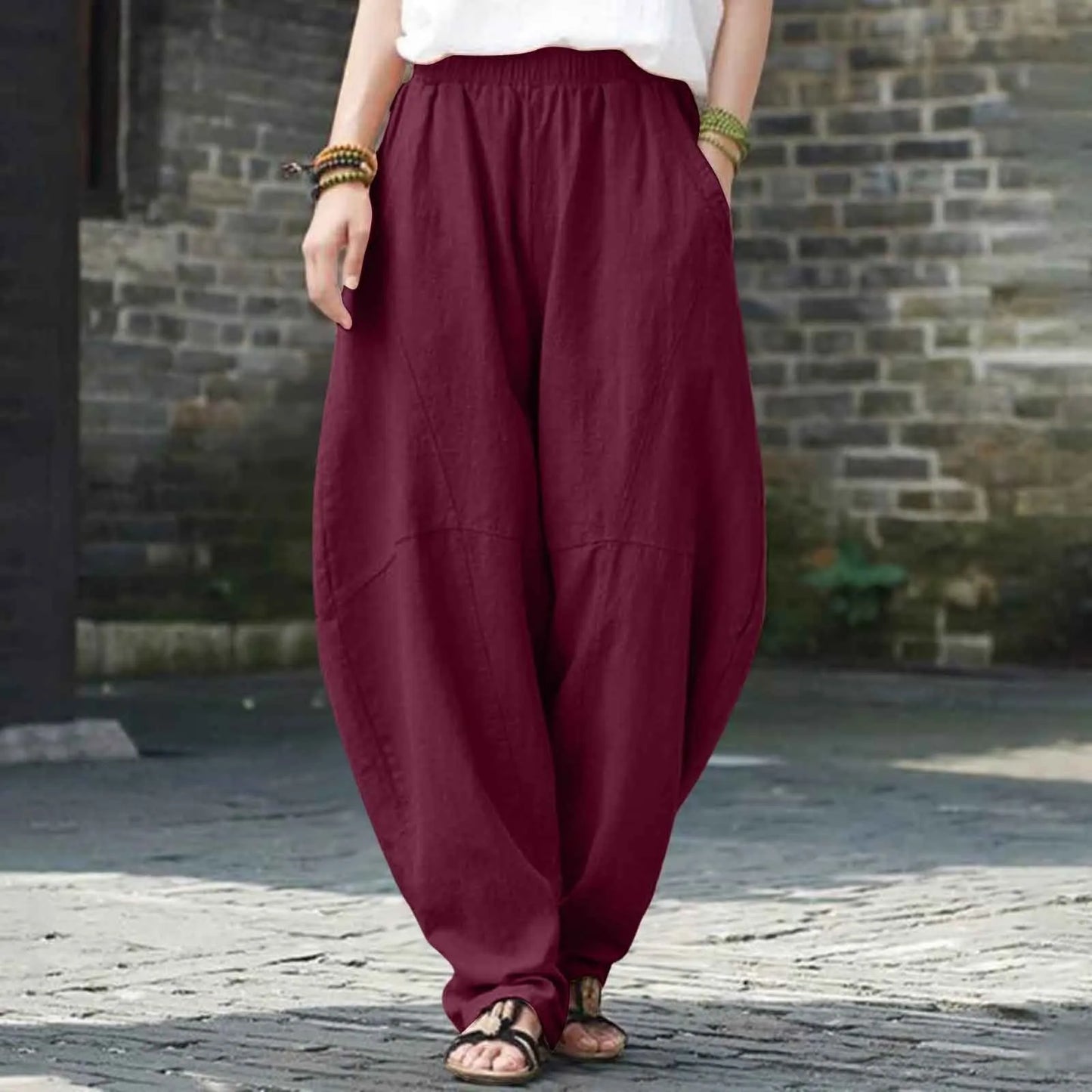 Women's Linen Harem Pants – Loose Fit Elastic Waist Casual Baggy Trousers for Summer