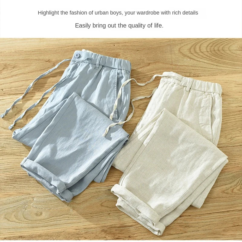 Spring Summer New Men Pure Linen Pants Breathable Cool Hemp Deawstring Fit Casual Trouser GC-1632