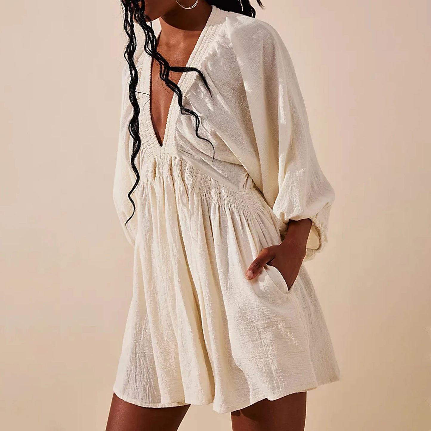 Women's Deep V-Neck Short Dress – Billowy Banded Sleeves, Smocked Waist, Back Keyhole Button & Pockets