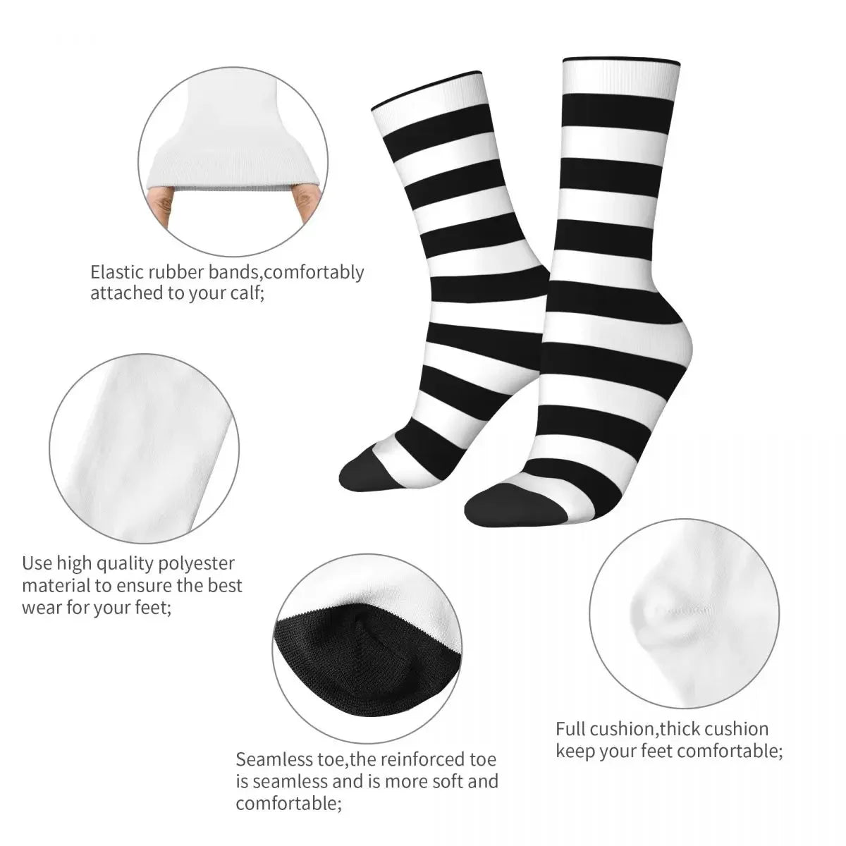 Funny Striped Crew Socks – Black & White Retro Witch Pattern | Novelty Gift for Men