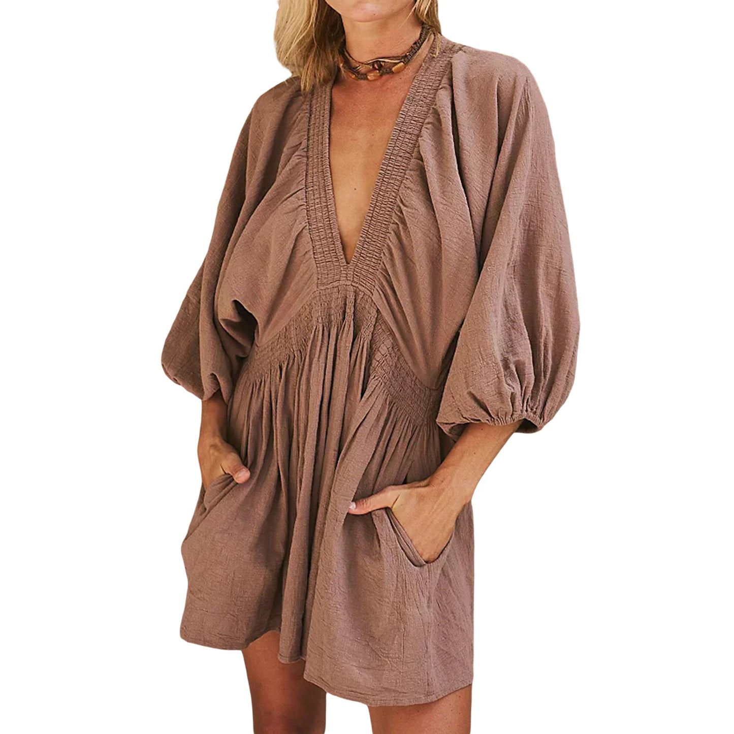 Women's Deep V-Neck Short Dress – Billowy Banded Sleeves, Smocked Waist, Back Keyhole Button & Pockets