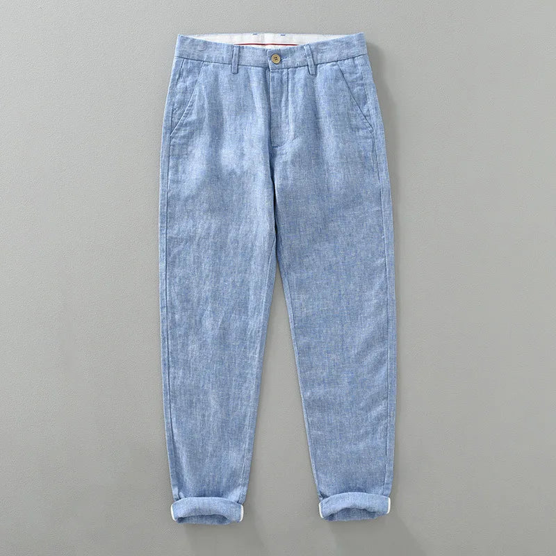 100% Linen Harem Pants Men Solid Color Casual Thin Breathable Trousers 2023 Spring New Blue Trousers