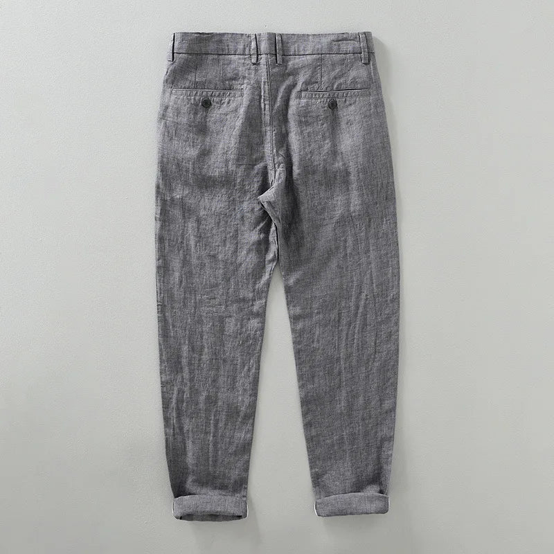 100% Linen Harem Pants Men Solid Color Casual Thin Breathable Trousers 2023 Spring New Blue Trousers