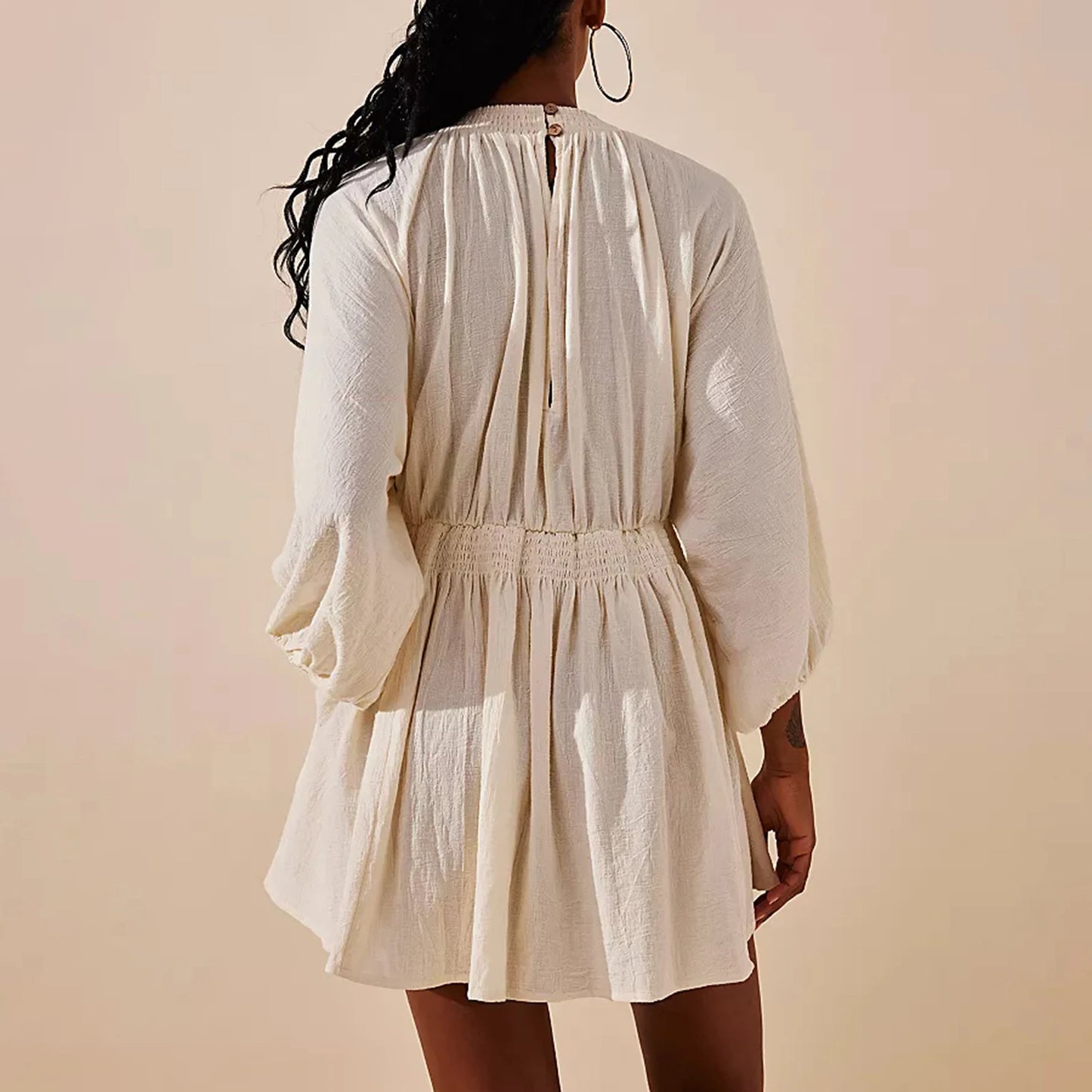 Women's Deep V-Neck Short Dress – Billowy Banded Sleeves, Smocked Waist, Back Keyhole Button & Pockets
