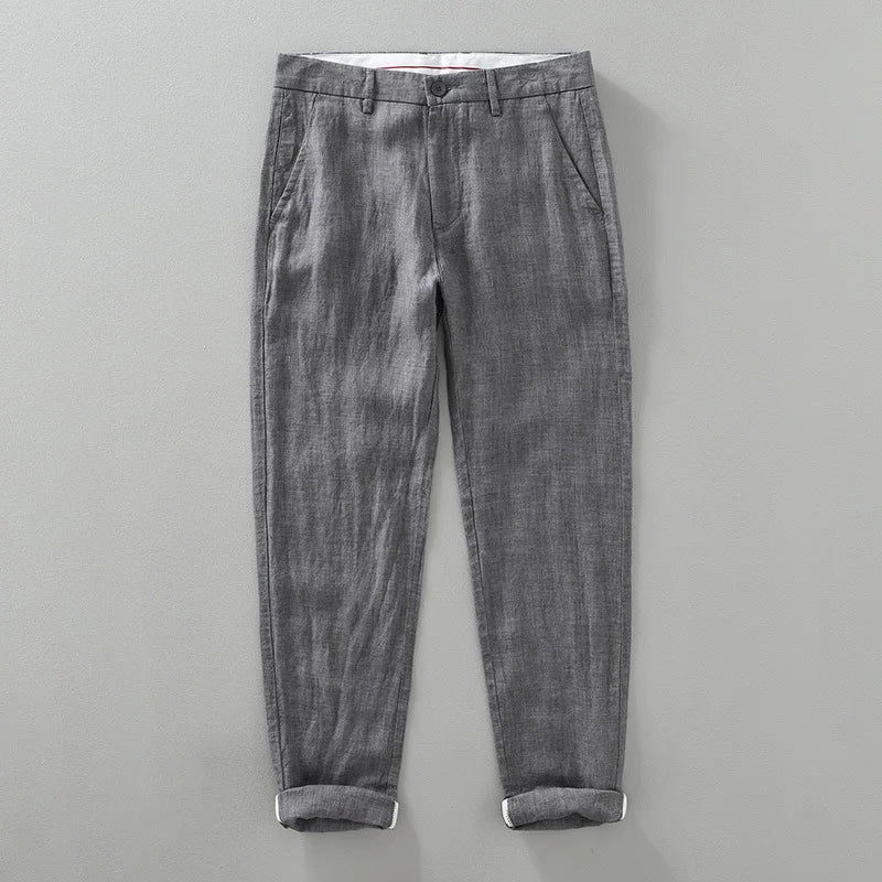 100% Linen Harem Pants Men Solid Color Casual Thin Breathable Trousers 2023 Spring New Blue Trousers