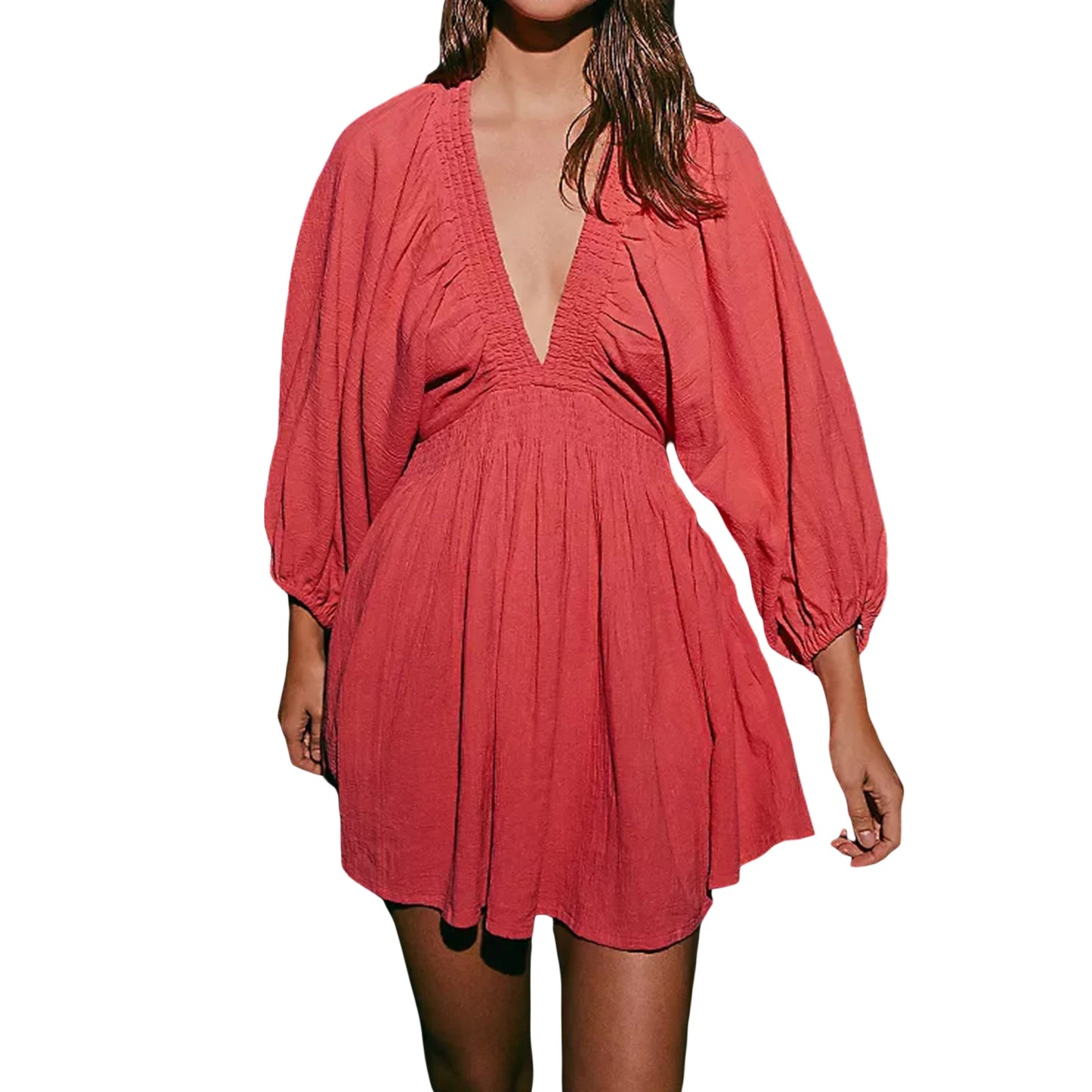 Women's Deep V-Neck Short Dress – Billowy Banded Sleeves, Smocked Waist, Back Keyhole Button & Pockets
